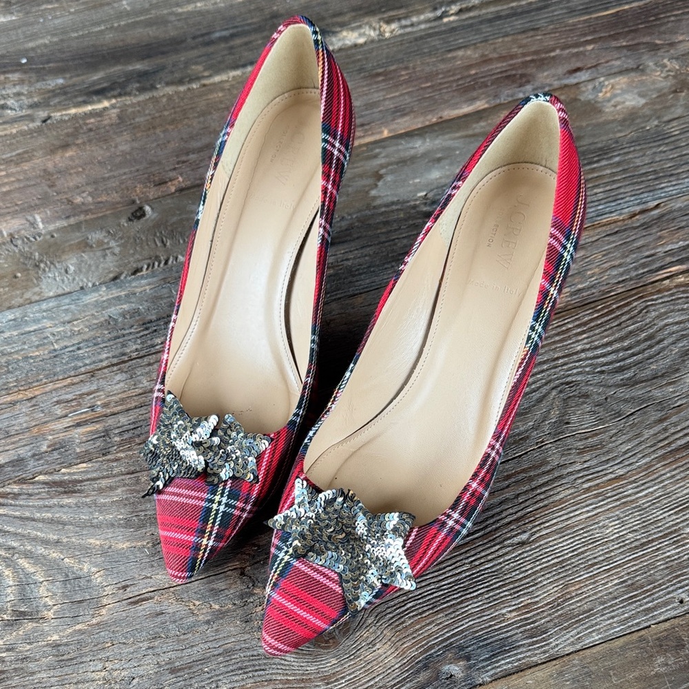 J. crew Lucie tartan plaid heel with‎ sequin star embellishment EUC size 9.5